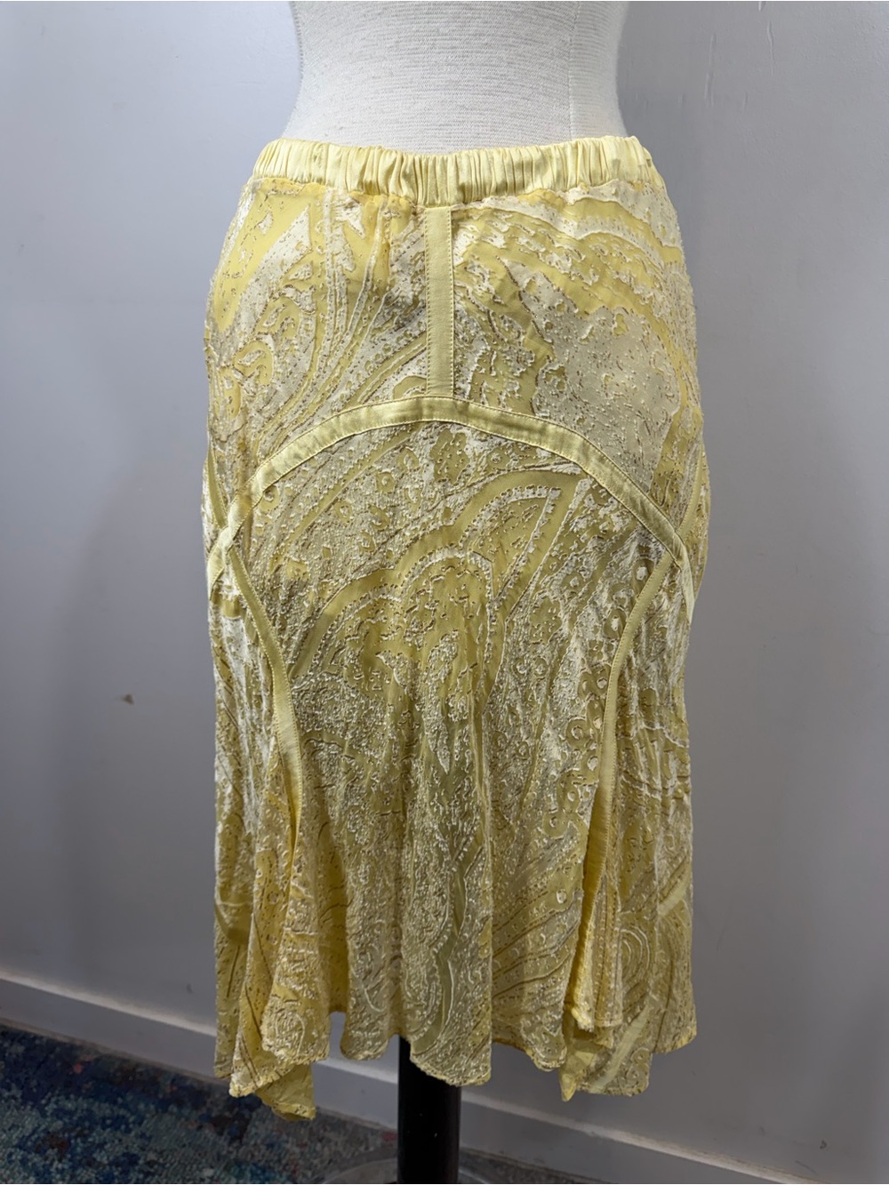 Vintage Roberto Cavalli Yellow Burnout Velvet Paisley Midi Skirt Size S - Picture 3 of 9